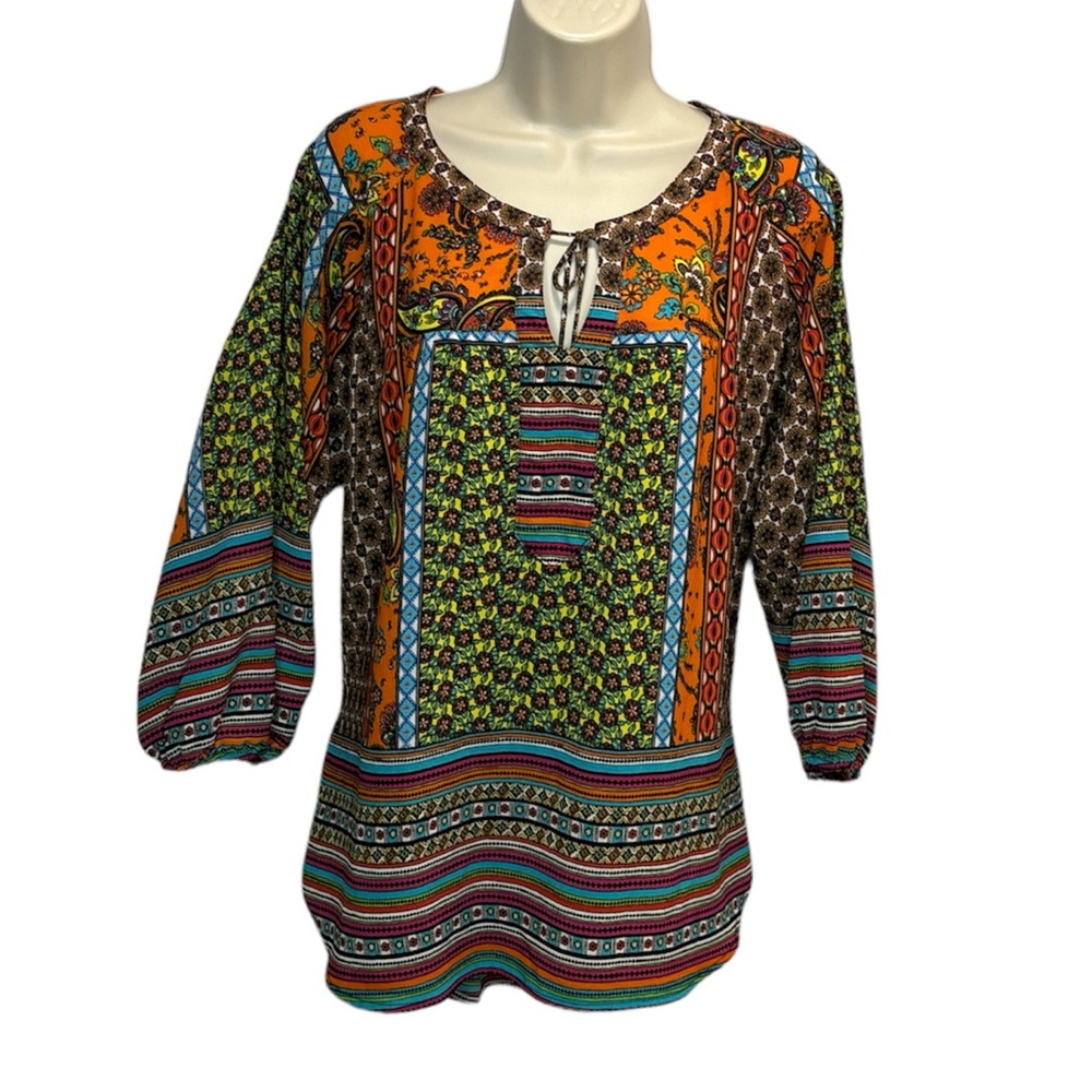 Like new Fig/Flower Anthropologie Multicolor Neck Tie Boho Tunic Blouse Top Sz M
